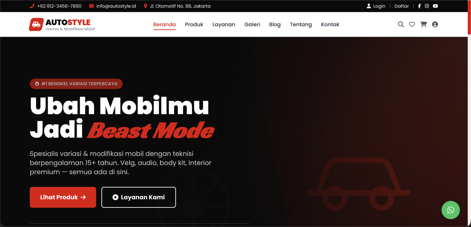 AutoStyle - Template Website Variasi & Modifikasi Mobil 17 Halaman, Responsif, SEO Ready