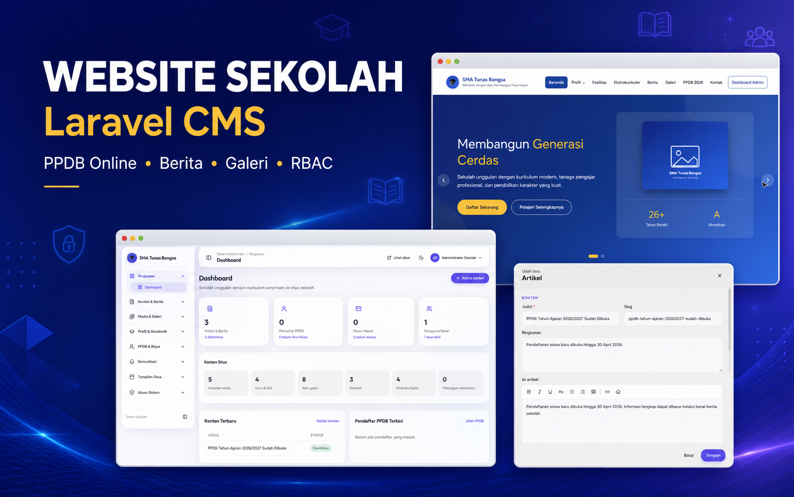 Template Website Sekolah Laravel — CMS, PPDB Online, Berita, Galeri & RBAC